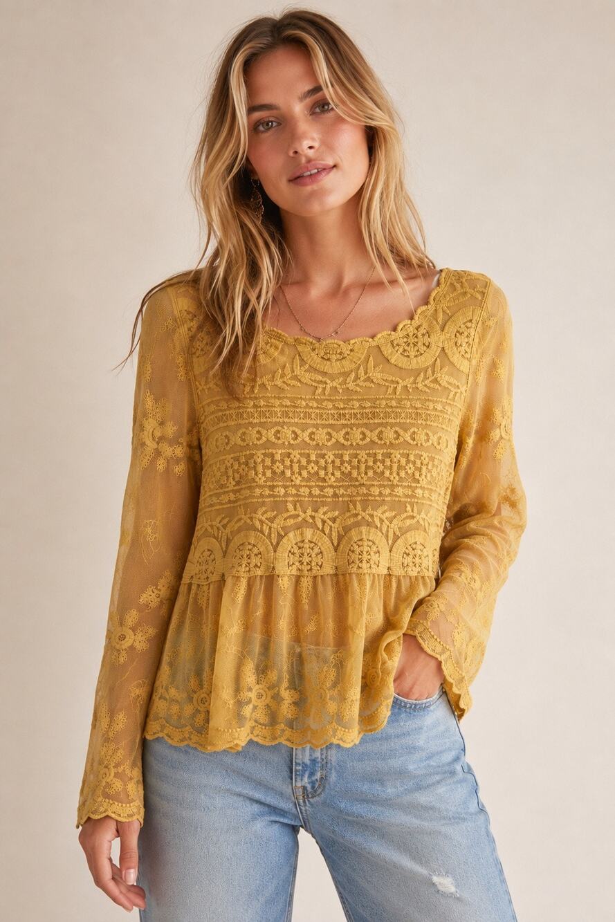 Sundance Embroidered Semi-Sheer Lace Peasant Top | Mustard Gold | Size Small